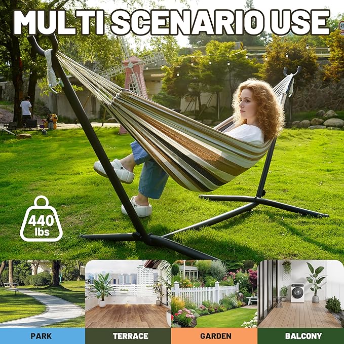 Hammock with Heavy-Duty Steel Stand for Outside，Hammocks 450 Lb Capacity，Portable Hammock，2 People Standing Hammocks，Suitable for Beach，Backyard, Gardens, Patio, Bedroom，100 * 40 * 38 Inch (Coffee)