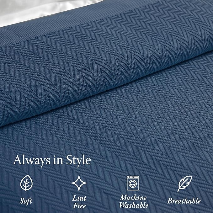 Threadmill Luxury Cotton Blankets for Queen Size Bed | All-Season 100% Cotton Queen Size Blanket | Herringbone Soft Breathable Fall Thermal Blanket fits Full Size Bed | Folkstone Blue