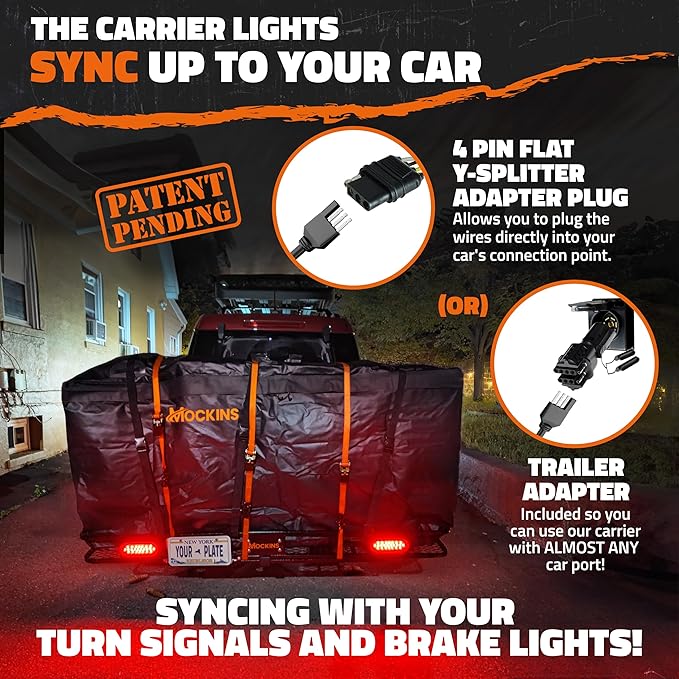 Mockins 72"x36"x6" XXL Folding Trailer Hitch Cargo Carrier w/ 50 CuFt Waterproof Cargo Bag for Hitch Carrier | 500 Lbs Cap Luggage Rack for SUV Car & Truck w/Rear Lights, License Plate Holder & More