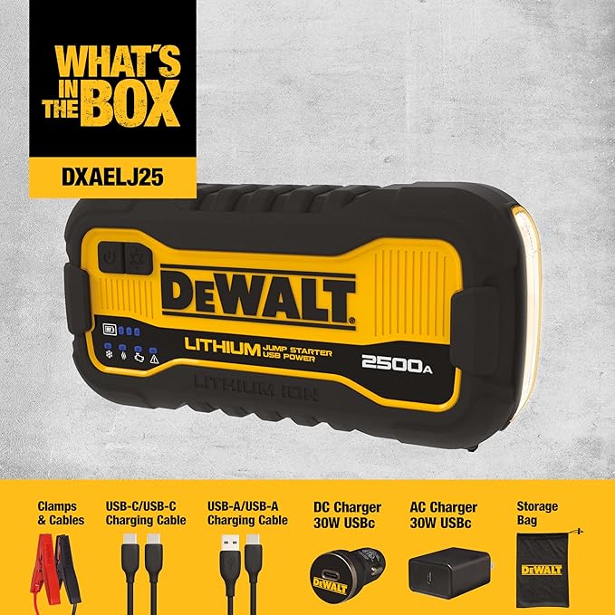 DEWALT DXAELJ25 2500 Peak Amp Portable Lithium Jump Starter with 25W Type C, 15W Type A, 60W Type C in/Out