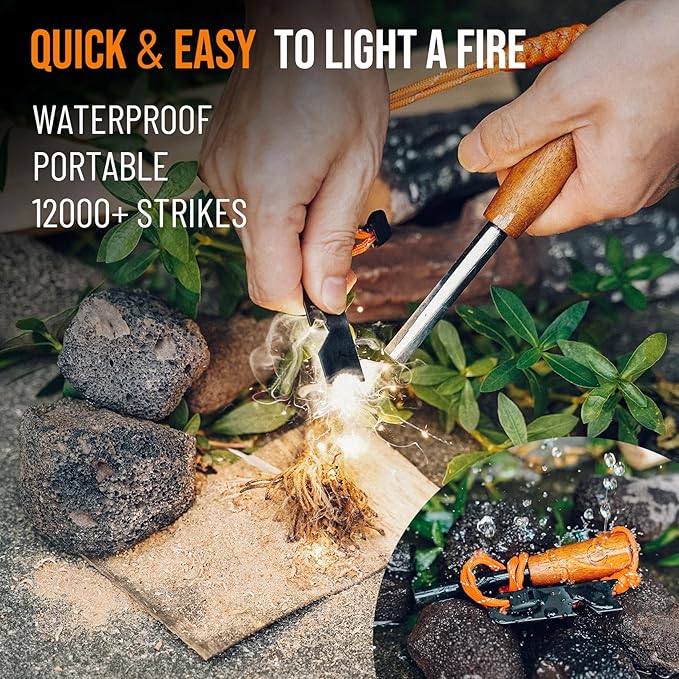 onlyfire Fire Starter Survival Tool, Ferro Rod Kit with Tinder Wick, Pouch, Waterproof Flint and Steel Fire Starter for Camping, Hiking and Backpacking Gear