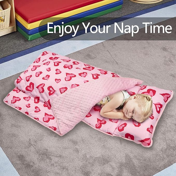 Primlect Toddler Nap Mat Extra Large Thickened 55''x35'', Soft Sleeping Bag with Detachable Minky Blanket and Pillow, Portable for Daycare, Preschool, Kindergarten, Travel, Boys and Girls