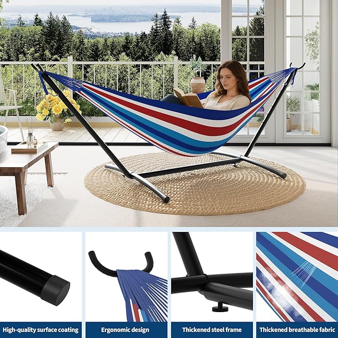Double Hammocks with Stand for Outside, Portable Space Saving Heavy-Duty Steel Stand for Indoor Outdoor Patio with Carrying Bag, 450 lbs Capacity