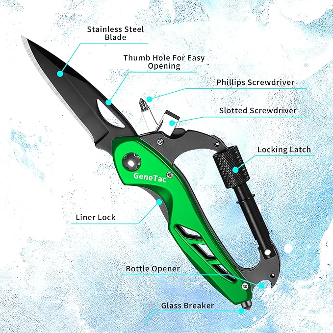 Multi-tool Carabiner with Pocket Knife, Bottle Opener, Window Breaker, Screwdrivers, EDC Tactical Survival Gear for Camping (Green)