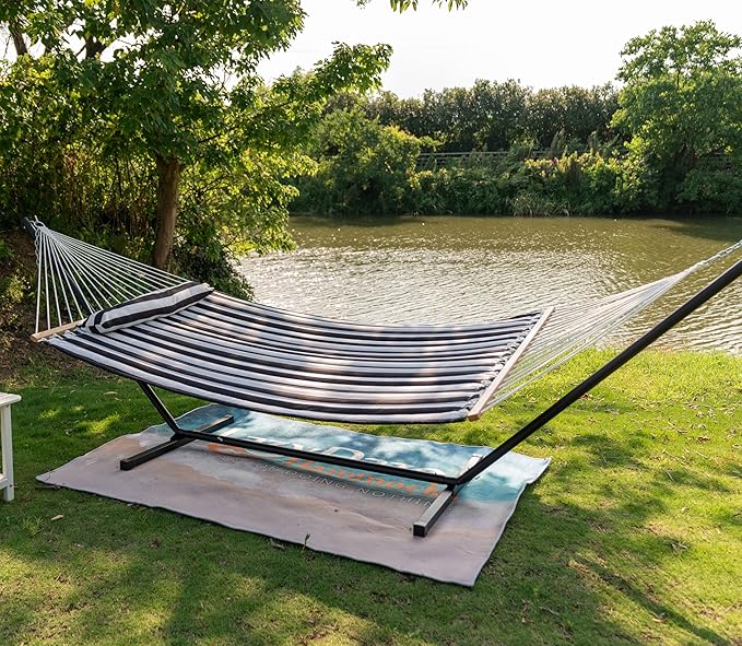 Lazy Daze Hammocks 2 Person Hammock with 12FT Stand for Outside, Quilted Double Hammock with Detachable Pillow, Balance Strap & Carrying Bag Included, 450lbs Capacity, Black Stripes