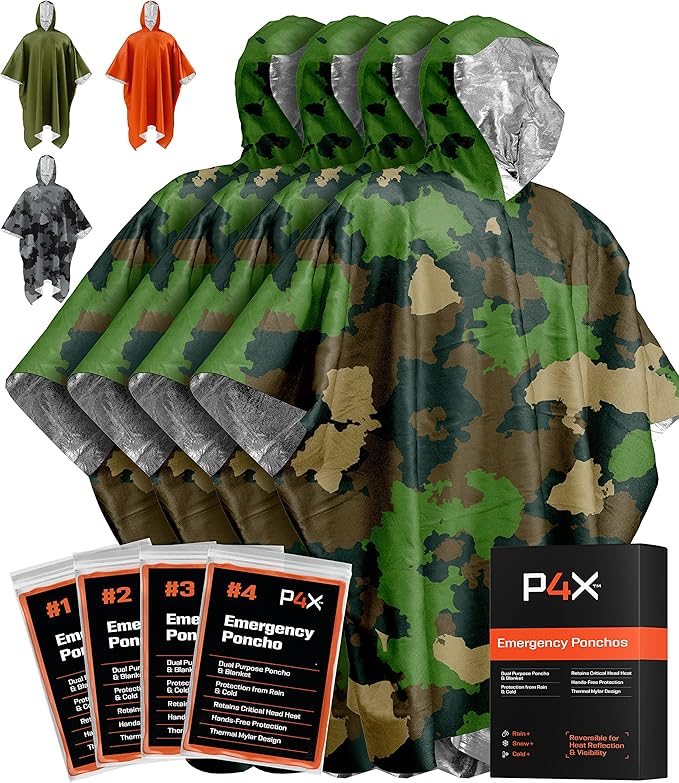 PREPARED4X Emergency Mylar Poncho – Survival Rain Poncho with Hood – Lightweight, Compact, Reusable Emergency Blanket Poncho for Hiking, Camping, Thermal Gear, Car Kit, Outdoors