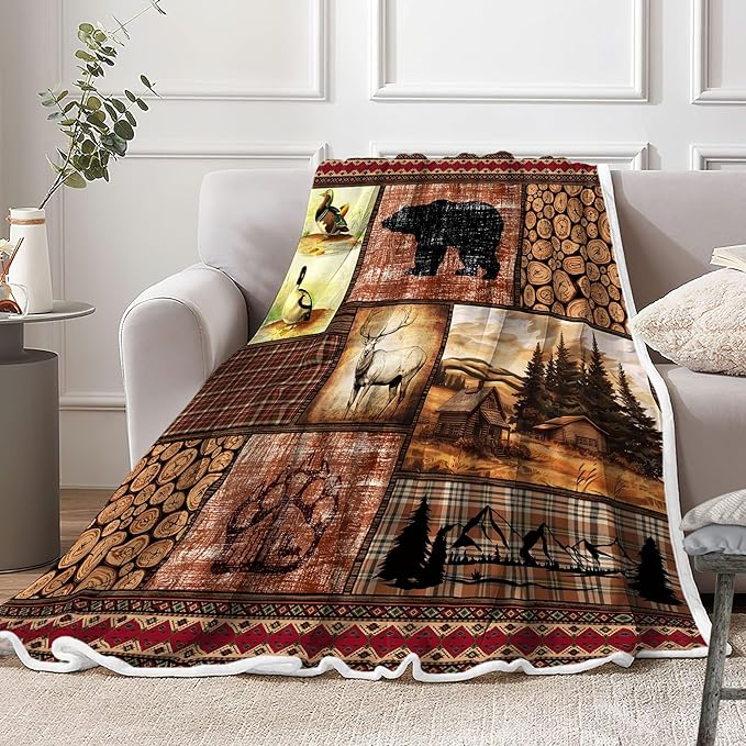 Torich Rustic Cabin Throw Blankets, Forest Bear Deer Wildlife Country Lodge Cozy Warm Bed Couch Blanket, Hunting Camping Animal White Fleece Flannel Throws to Decorate Room and Bedroom