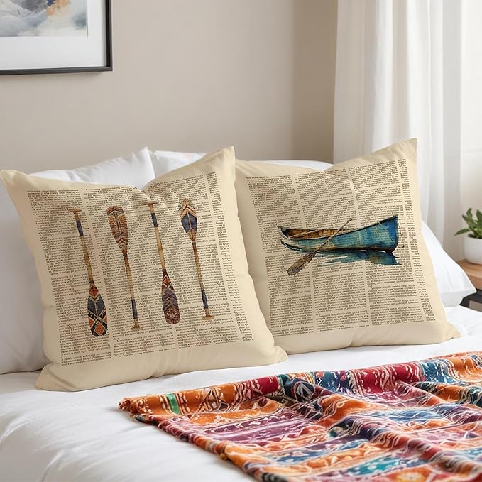 Vintage Lake House Pillow Covers 18x18, Lake House Decor for The Home Room, Boat Paddle Throw Pillow Covers Set of 2, Lake Life Decor Gifts, Lake House Gifts for New Home