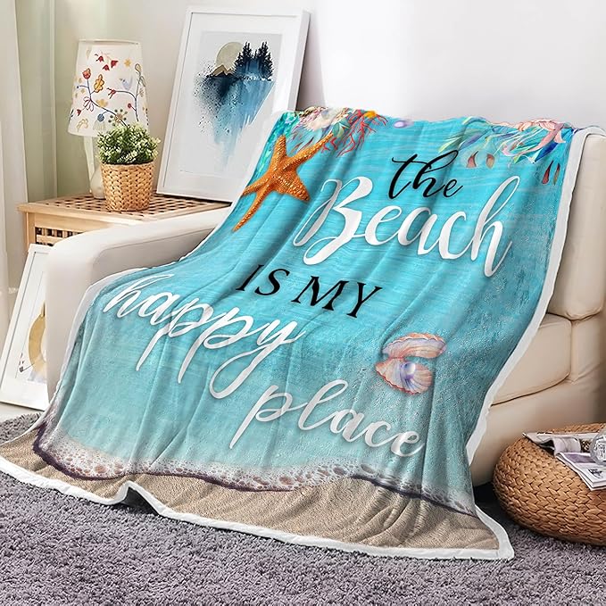Beach Blanket, Blue Coastal Ocean Beach Throw Blanket for Couch, Bed, Summer Super Cozy Blankets Fuzzy Plush Lightweight Throw Blankets for Sofa, Bed, Living Room,50"X60"