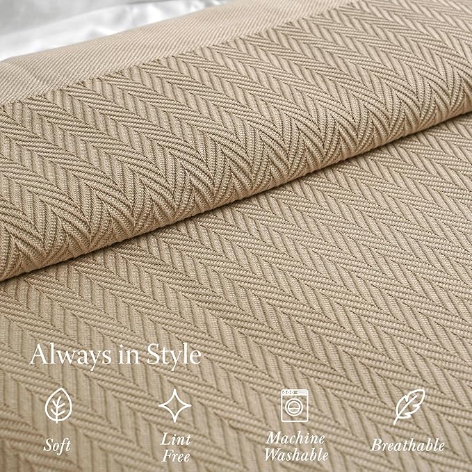 Threadmill Luxury Cotton Blankets for Twin Size Bed | All-Season 100% Cotton Twin Blanket for Bed | Herringbone, Soft & Cozy Fall Thermal Blanket, 350GSM, 68x92 inches | Beige