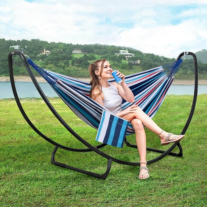 SUNCREAT 2 Person Hammock with Stand, Space Saving Free Standing Hammock with Stand Included, Patent Pending, Blue Red