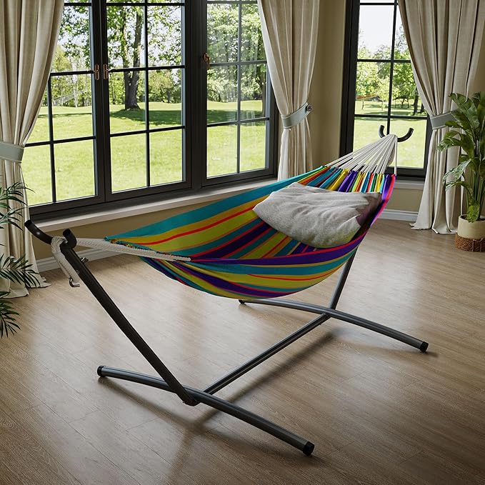 Garvee Double Hammock with Foldable Steel Stand and Carry Bag – Indoor/Outdoor Standing Hammock, 450 LBS Capacity, for Garden, Camping, Beach (Tropical)