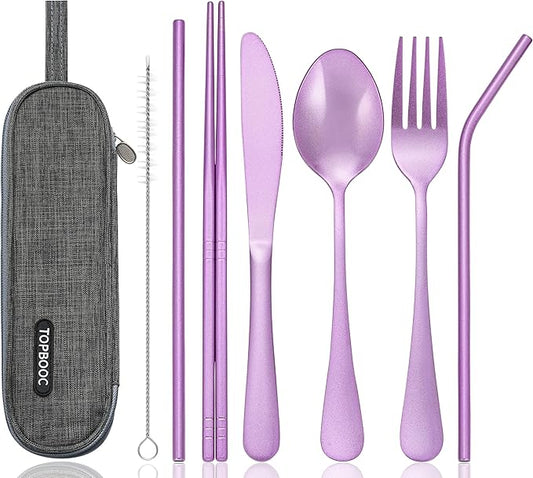 Portable Stainless Steel Flatware Set, Travel Camping Cutlery Set, Portable Utensil Travel Silverware Dinnerware Set with a Waterproof Case (Light Purple)