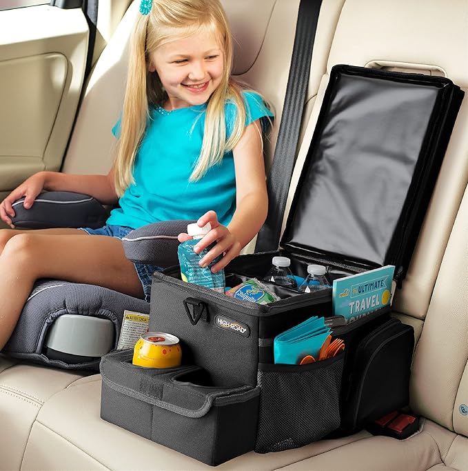 High Road CarHop Car Caddy Organizer with Road Trip Cooler, Car Cup Holder Bin, Sturdy Snack and Play Lid and 6 Organization and Storage Pockets