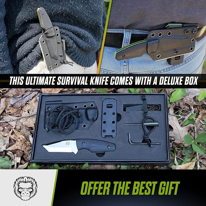 Holtzman's Gorilla Survival Tanto Fixed Blade Neck Knife with Kydex Sheath & Ferro Rod (Silver+Green) - Ideal for Outdoor Activities and Everyday Carry