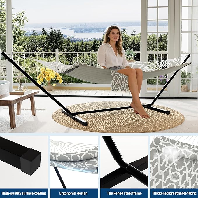 2 Person Double Hammock with Stand & Pillow, 450 LBS Heavy Duty Outdoor Hammock with Balance Rope for Patio Backyard Poolside