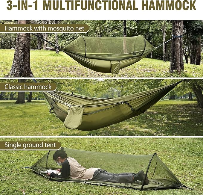 Camping Hammock with Mosquito Net, Lightweight Portable Double & Single Hammock Tent with 2 Tree Straps, Parachute Nylon Hammock for Outdoor Backpacking Beach Backyard Patio Hiking, Arm Green