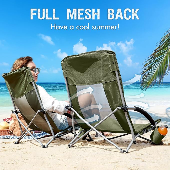 Portal Beach Chairs for Adults Camping Low Lightweight Portable Chair with Cup Holder Mesh Back Carry Bag for Outdoor Sand Lawn Travel Picnic Festival Concert