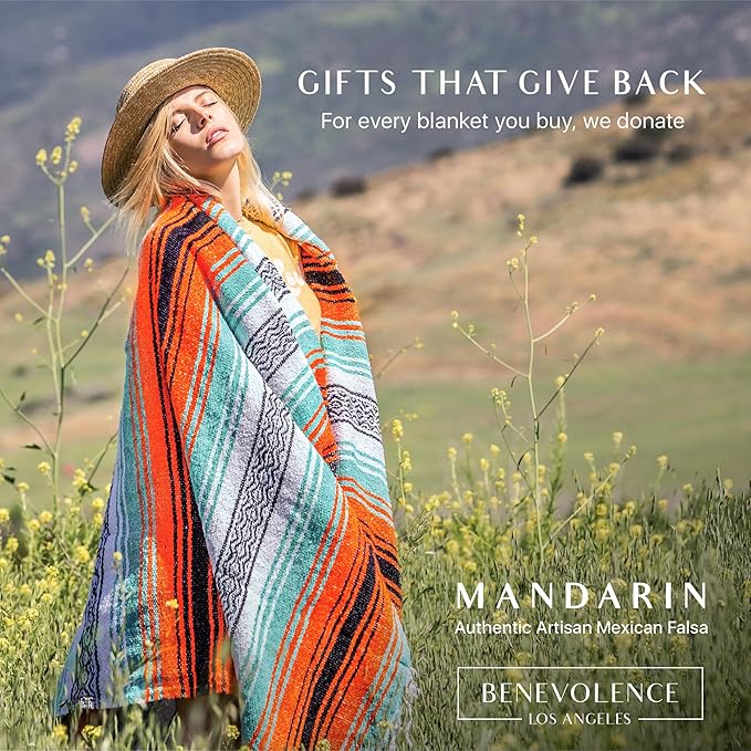 Benevolence LA Authentic Handwoven Mexican Blanket | Yoga Blankets, Outdoor, Picnic, Beach, Camping | Equestrian Saddle | Serape 50x70 inches - Bright Mandarin, Pack of 1