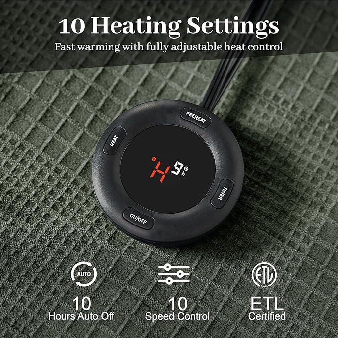 Texciting Electric Blanket Queen Size 84''X90'' - Heated Blanket with Dual Control Fast Heating 10 Heating Levels & 10 Hours Auto Off,ETL Certified Machine Washable (Gray Green)
