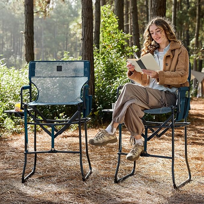 EVER ADVANCED Portable 30.7" Seat Height Tall Folding Camping Chair Directors Chair High Foldable Bar Stool with Side Table for Makeup Artist, Sports Event, Craft Show, Stretch Mesh, Supports 350LBS