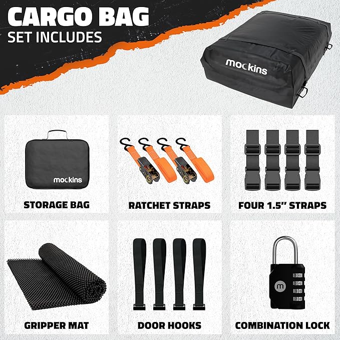 Mockins 16 Cu Ft No Rack Rooftop Cargo Carrier Bag | 45"x34"x18" Weatherproof Rooftop Cargo Bag for Top of Car | Car Topper Luggage Carrier Waterproof Set w/Accessories | Vehicle Soft-Shell Carriers