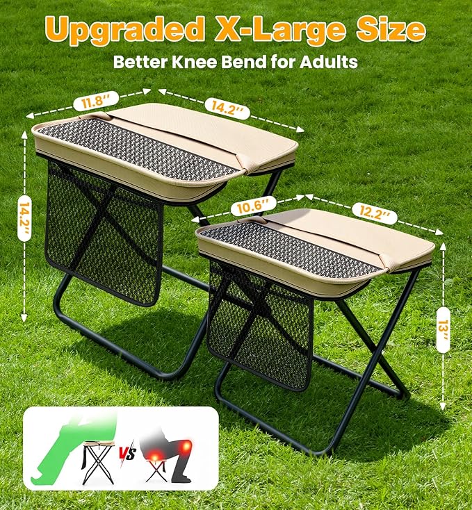 XL Portable Chairs for Adults, 14.2" Tall & Wide Knee-Friendly Folding Stool Pocket Chair, Foldable Backpack Stool, Heavy Duty Collapsible Camping Seat for Fishing Travel - Khaki