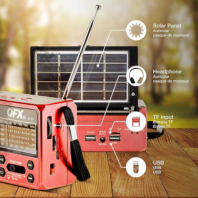 QFX R-37 (AM, FM, SW1) 6-Band Solar Powered Radio with Bluetooth, LED Flashlight, USB & Micro SD Ports