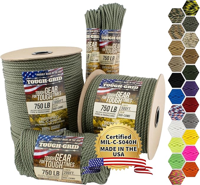 TOUGH-GRID 750 Paracord Military Grade Nylon Rope - Type IV Mil-Spec Made in USA - Tactical Survival Cord