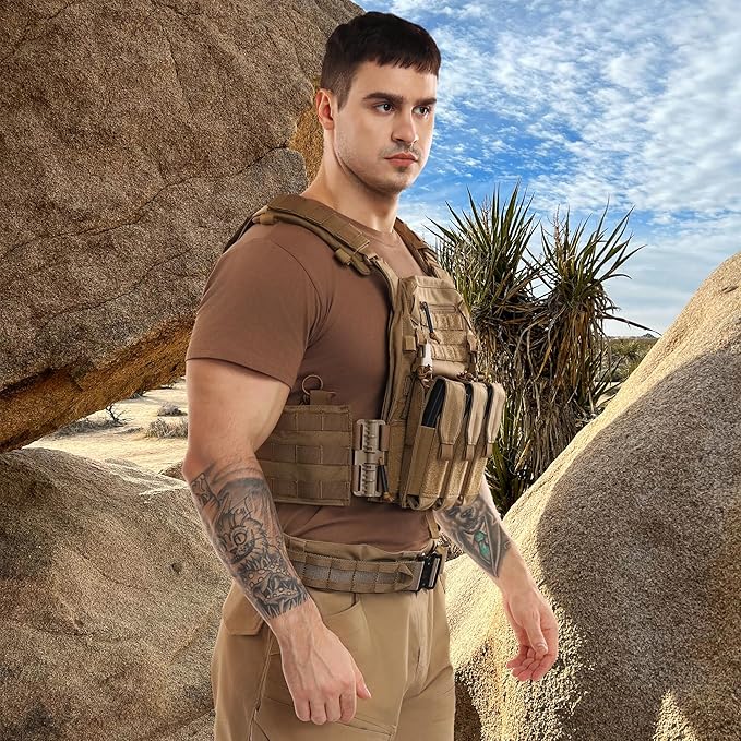 Tactical Molle Vests with Triple mag Pouch and Side Cummerbund Pouches, Quick Release Vests for Men