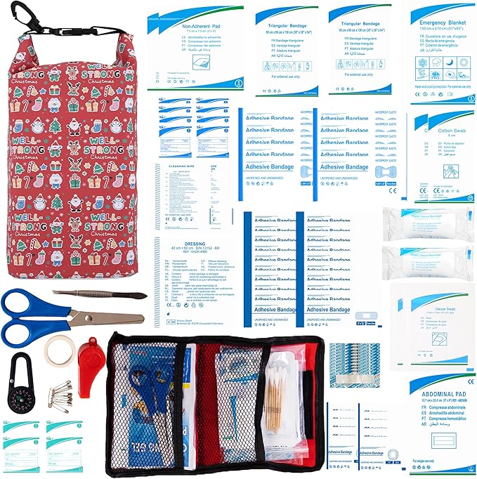 Boat First Aid Kit Waterproof, WELL-STRONG Marine Emergency Kit with Roll Top Dry Bag for Boating Fishing Kayaking – Water-Resistant Contents for Camping & Beach（Christmas）