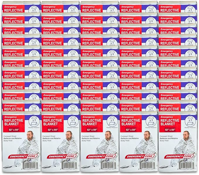 [50 Pack] Thermal Reflective Emergency Blanket 52”x84” | Emergency Mylar Blankets | Survival Blanket for Survival Supplies | Camping, Hiking, or Emergencies
