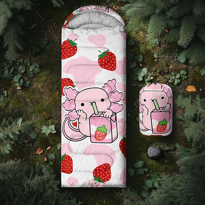 QOOMO Axolotl Cute Camping Sleeping Bags,3 Season Warm & Cool Weather,Lightweight,Waterproof Sleeping Bags for Adults & Kids,Traveling,and Outdoors