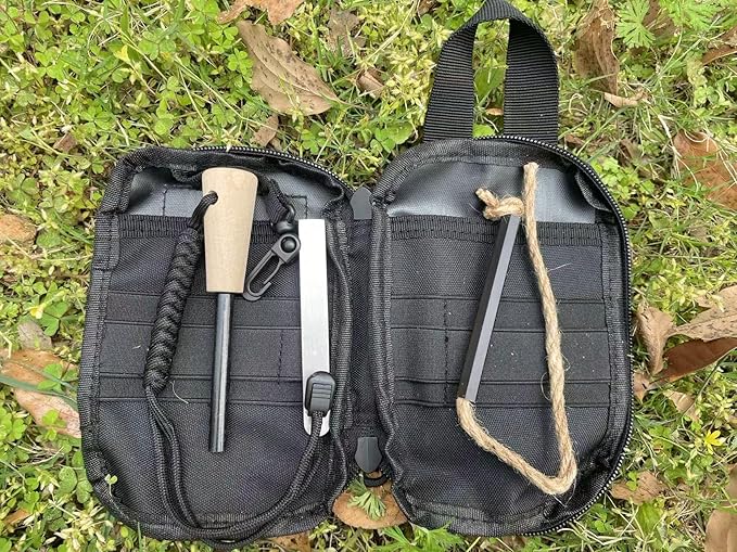 Flint and Steel Fire Starter Kit, Ferro Rods Magnesium Fire Starter Survival Tool Camping Emergency Fire Lightning Striker, Tinder Wick Rope, Multifunctional Outdoor Bag