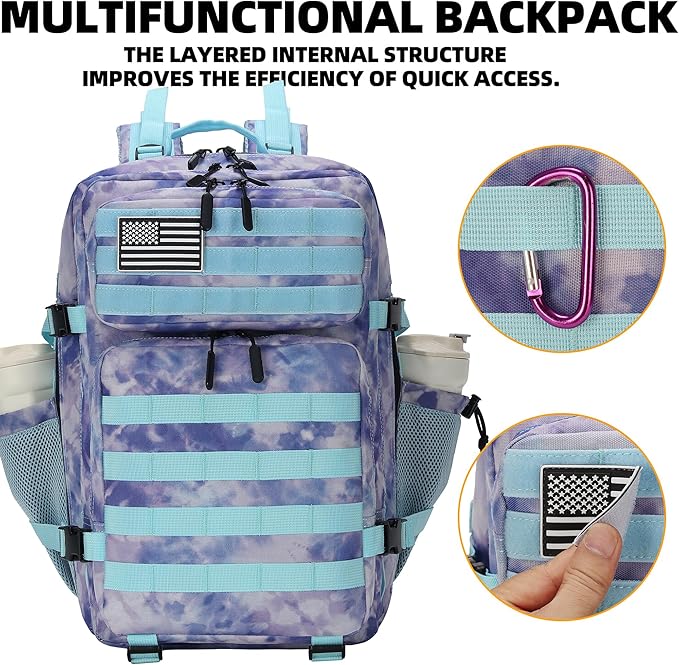 Lovelinks21 45L Tactical Assault Backpack 3 day assault pack with Molle Waterproof backpack Rucksack for Tactical Backpacks (Blue Tie-Dye)