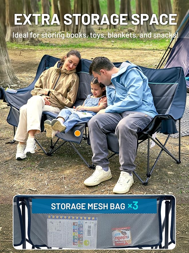 Timber Ridge 3 Person Camping Chair with Cup Holders and Pockets, Outdoor Folding Loveseat Camping Chairs, 1050lbs Capacity Heavy Duty Camp Couch for Outside Picnic, Beach, Lawn, Sports, Blue