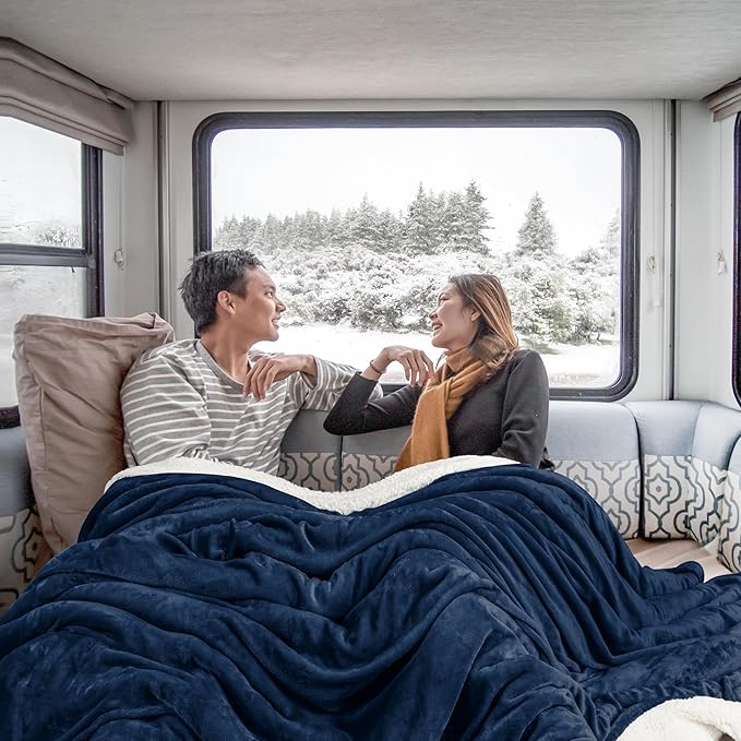 Utopia Bedding Sherpa Blanket Queen Size (Navy, 90x90 Inches) - Soft Lightweight Plush Fleece Reversible Blanket for Bed, Sofa, Couch, Camping and Travel