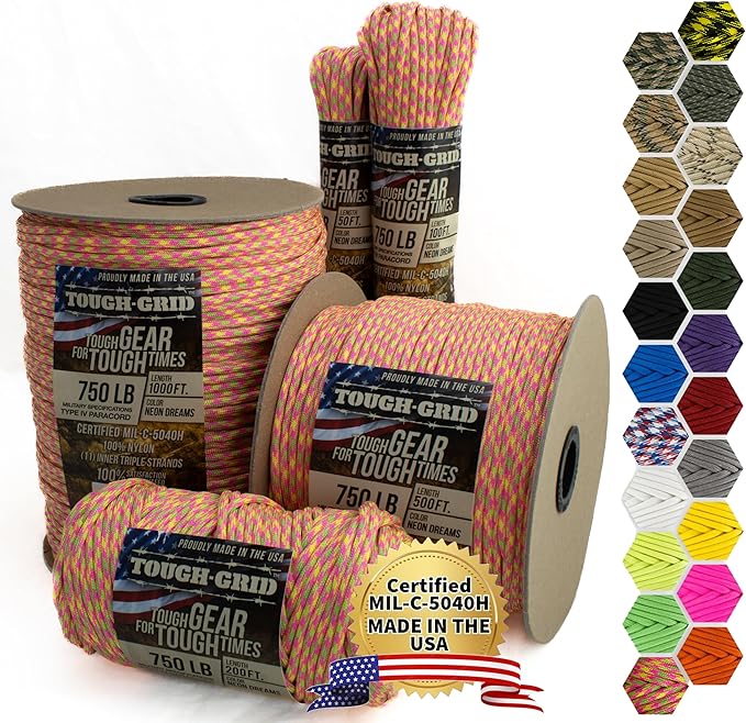 TOUGH-GRID 750 Paracord Military Grade Nylon Rope - Type IV Mil-Spec Made in USA - Tactical Survival Cord