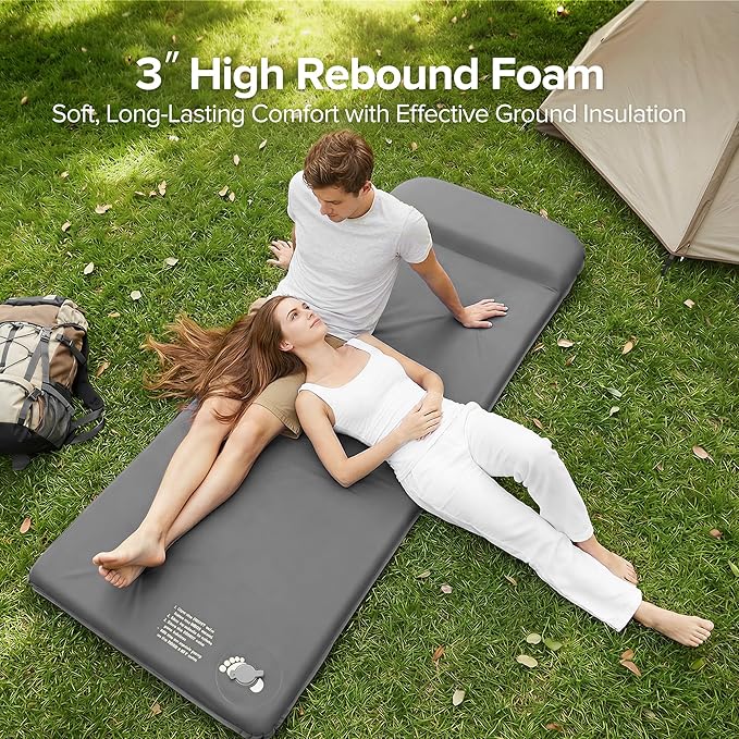 Self-Inflating Sleeping Pad for Camping, 3" Ultra-Thick Outdoor Camping Mat with Pillow & 9.5 R-Value, Insulated All-Season Foam Camping Mattress for Camping Travel Tent Car
