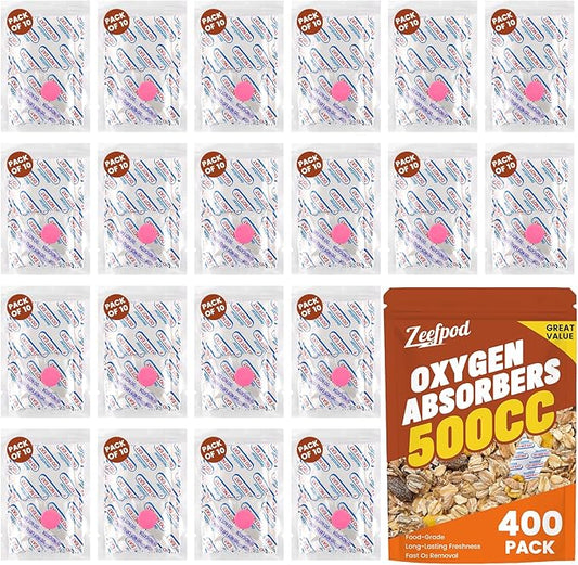 400 Counts 500cc Food Grade Oxygen Absorbers, 10 Individually Vacuum Sealed Packs with Oxygen Indicator, Oxygen Absorber Packets for Long Term Storage in Mylar Bag,Canning Jars, Freeze Dryer Storage