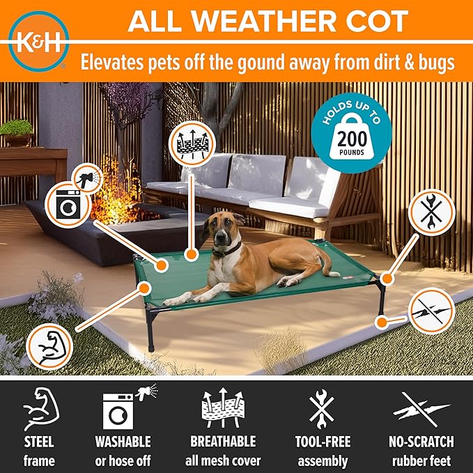 K&H Outdoor Elevated Dog Bed - Cooling Raised Dog Bed for Medium & Large Pets, Breathable Mesh Hammock Design, Indoor/Outdoor Washable Cover, Portable Metal Frame, Green, Large 42x30in