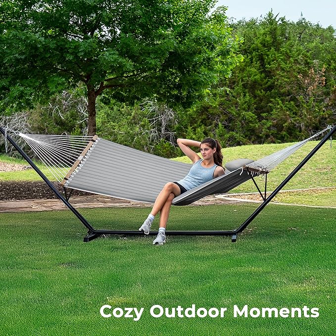 SUPERJARE Hammock with Stand, 2 Person Quilted Outdoor Hammock, Detachable Pillow & Bamboo Spreaders, Portable Hammock with Carrying Bag, Heavy Duty Stand, Perfect for Outside, Patio, Gray