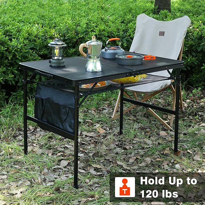 JOUYEK Folding Grill Table, 3x2 FT Portable Camping Table, Height Adjustable Metal Tables with Mesh Desktop and Mesh Bag, Outdoor Furniture for Camping, Picnic, Beach and BBQ, Black
