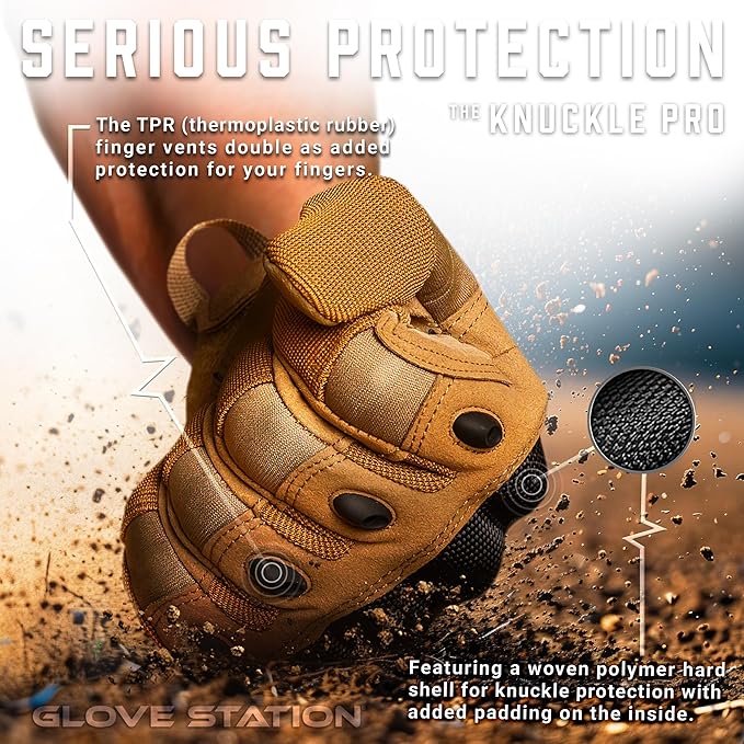 Glove Station Tactical Gloves for Men – Touchscreen Utility Gear with Hard Knuckle Protection Used in Motorcycle, Airsoft, Combat, Police, Shooting & Outdoor Work Tan - Hard Knuckle Medium