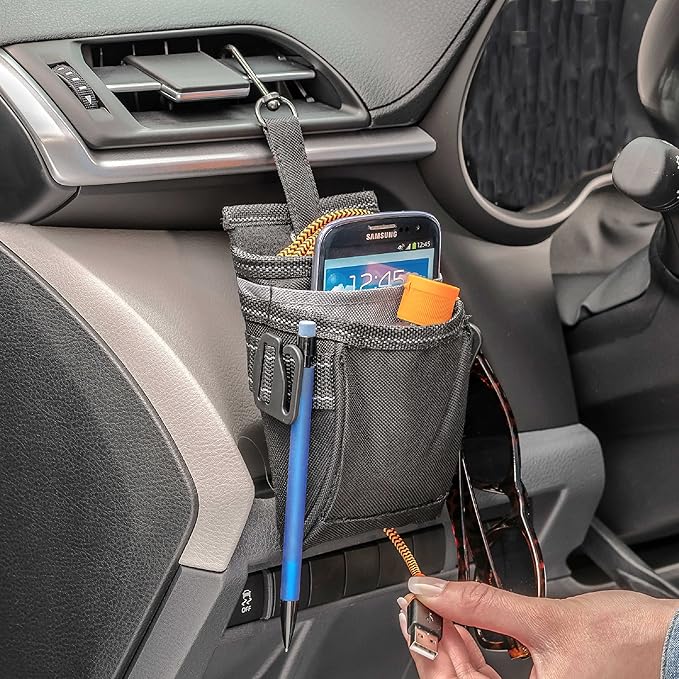 High Road DriverPockets Car Pouch - Air Vent Pocket and Vent Cell Phone Holder for Car - Front Seat Organizer with 3 Pockets, Hanging Hooks and Charging Port