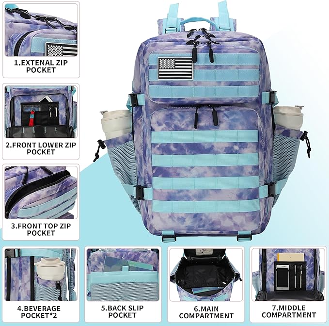 Lovelinks21 45L Tactical Assault Backpack 3 day assault pack with Molle Waterproof backpack Rucksack for Tactical Backpacks (Blue Tie-Dye)