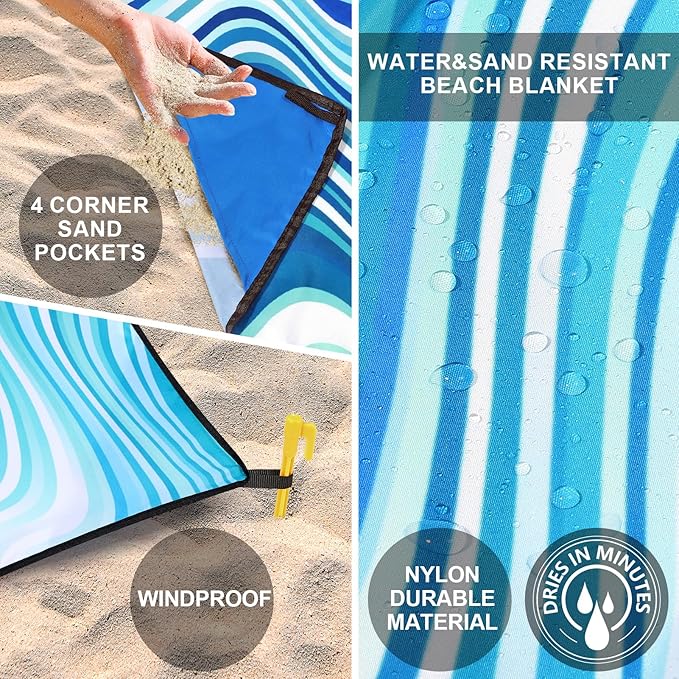HIHOHO Beach Blanket Waterproof Sandproof Beach Mat for 1-8 Adults Quick Drying Durable Outdoor Picnic Mat for Beach Festival Travel Camping Hiking (Wave-Gradiant BL&GN, 79"×83"(4 Person))