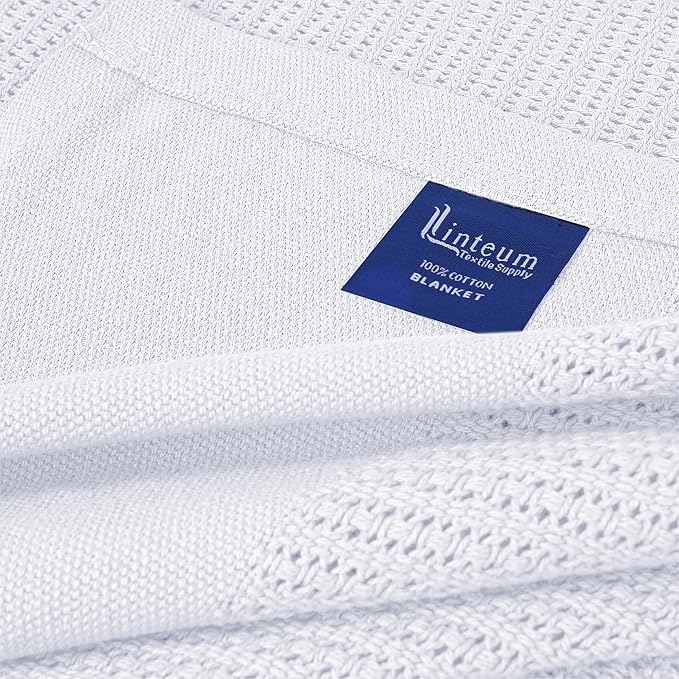 Linteum Textile Supply White Hospital Thermal Blanket 66x90 Inch 100% Cotton, Soft and Cozy, Breathable, Open-Cell Weave Design, All Season Twin Hospital Blanket (1-Pack)