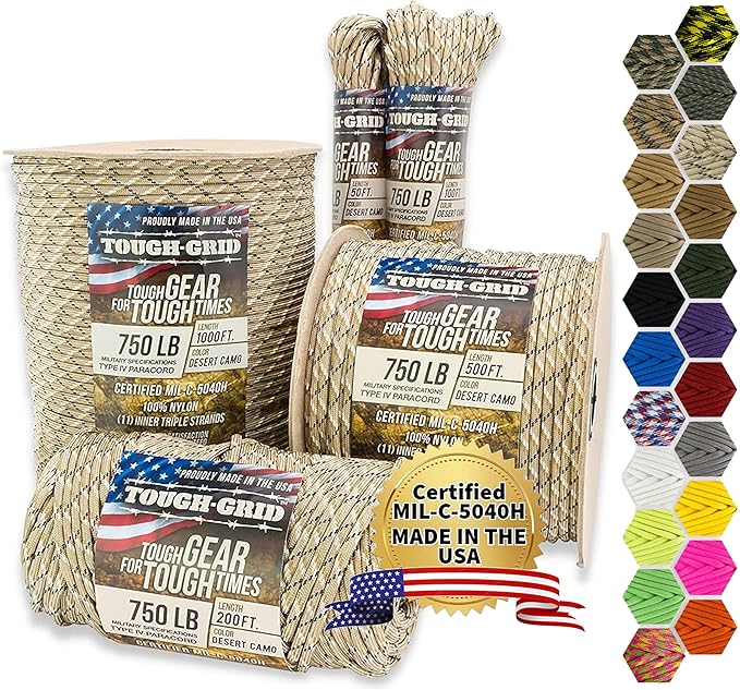 TOUGH-GRID 750 Paracord Military Grade Nylon Rope - Type IV Mil-Spec Made in USA - Tactical Survival Cord