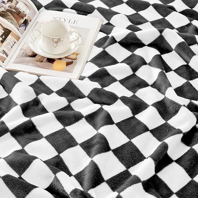 Edenleaf Checkered Blanket Flannel Throw Blankets Soft Cozy Checkered Grid Print Chessboard Gingham Pattern Throws for Bed Sofa Couch for All Seasons, 50x60 Inch, Black